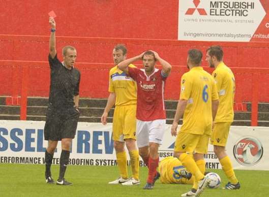 Referee Robert Hyde sends off Ebbsfleet skipper Daryl McMahon Picture: Steve Crispe