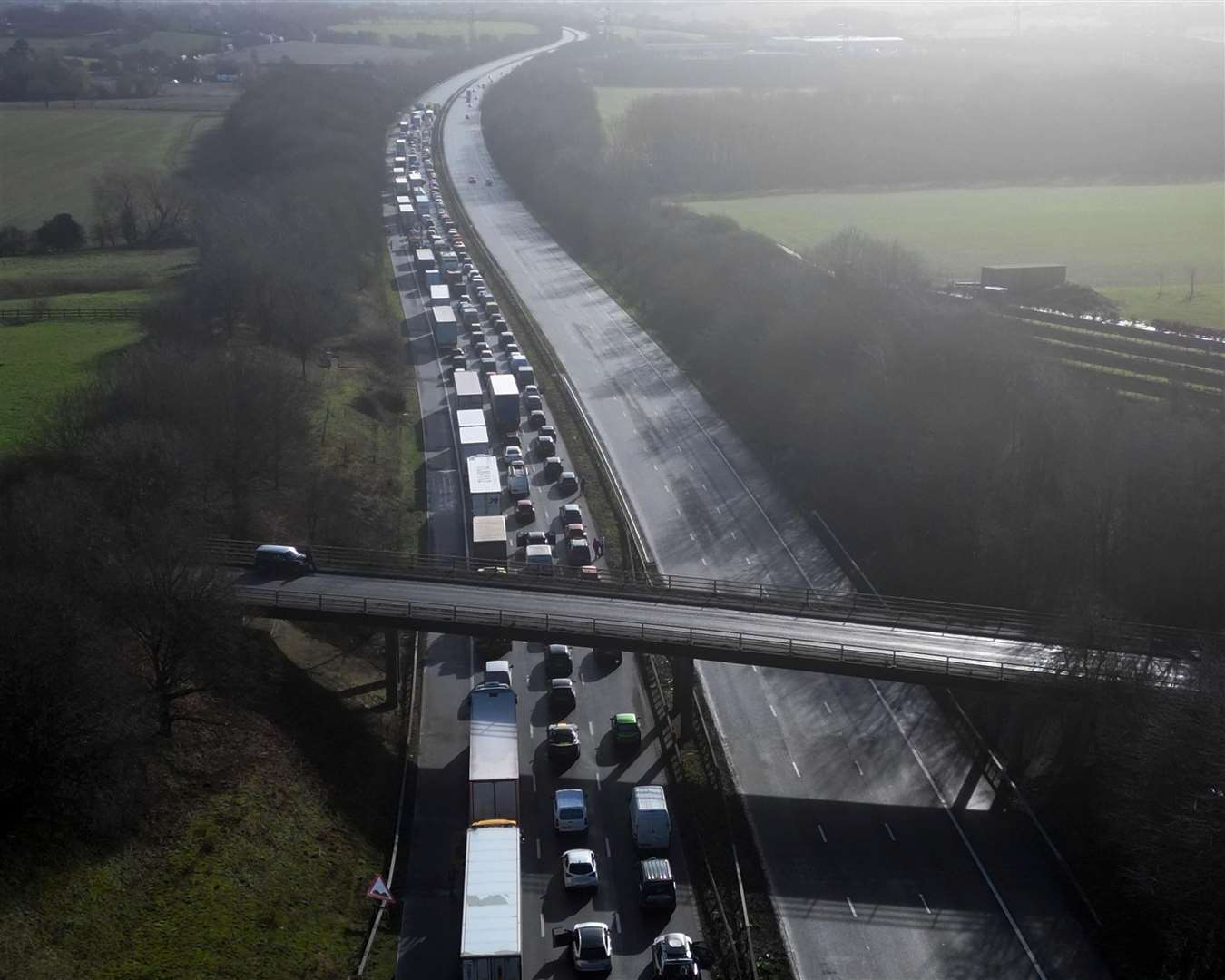 There were long lines of traffic following the tragic incident on the M20 coastbound, near Ashford. Picture: Barry Goodwin