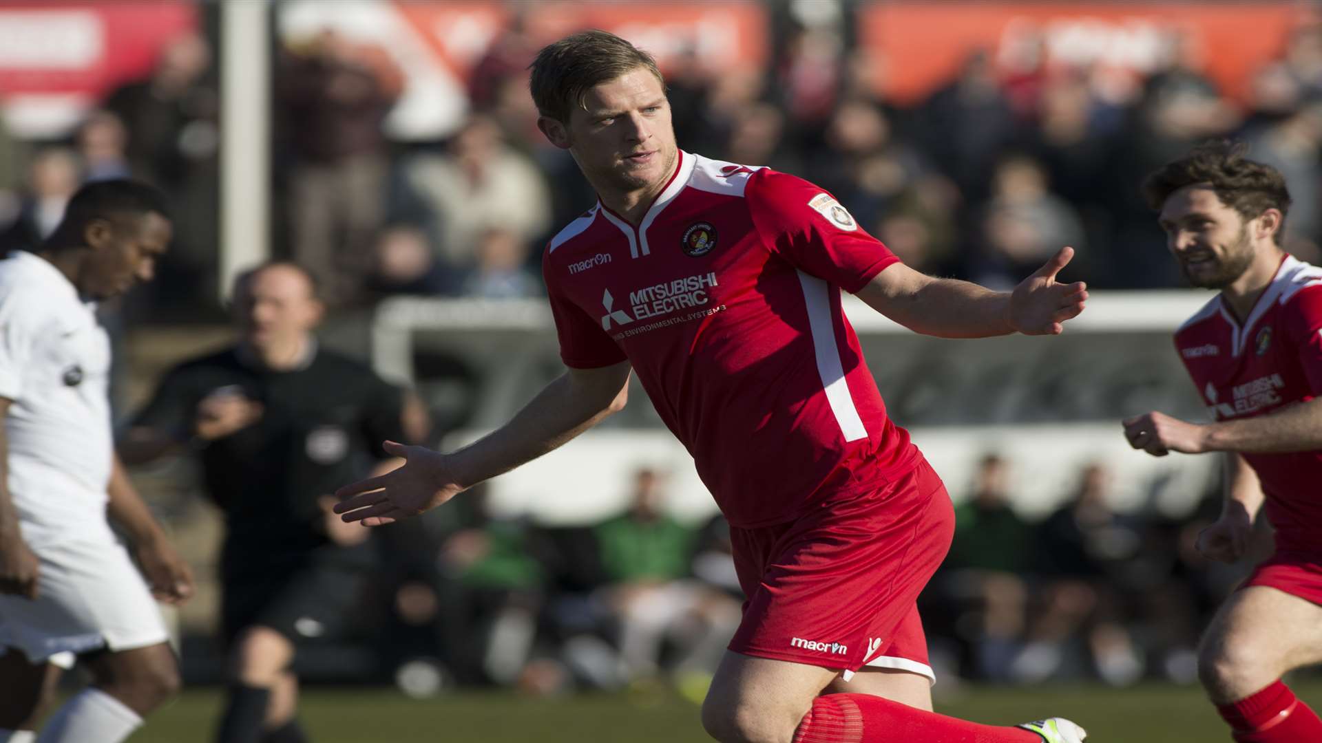 Adam Cunnington celebrates scoring for Ebbsfleet against Bromley last season Picture: Andy Payton