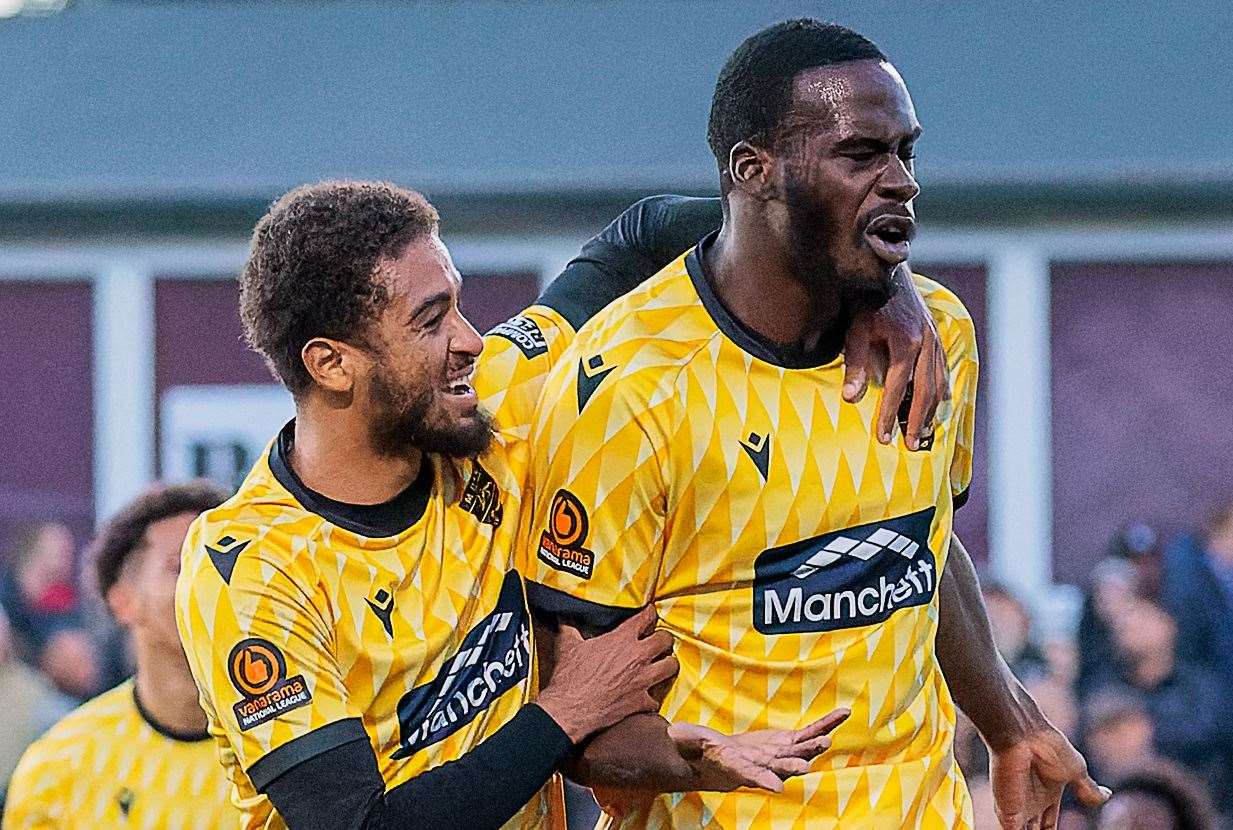 Levi Amantchi celebrates scoring Maidstone’s second goal at Chesham. Picture: Helen Cooper