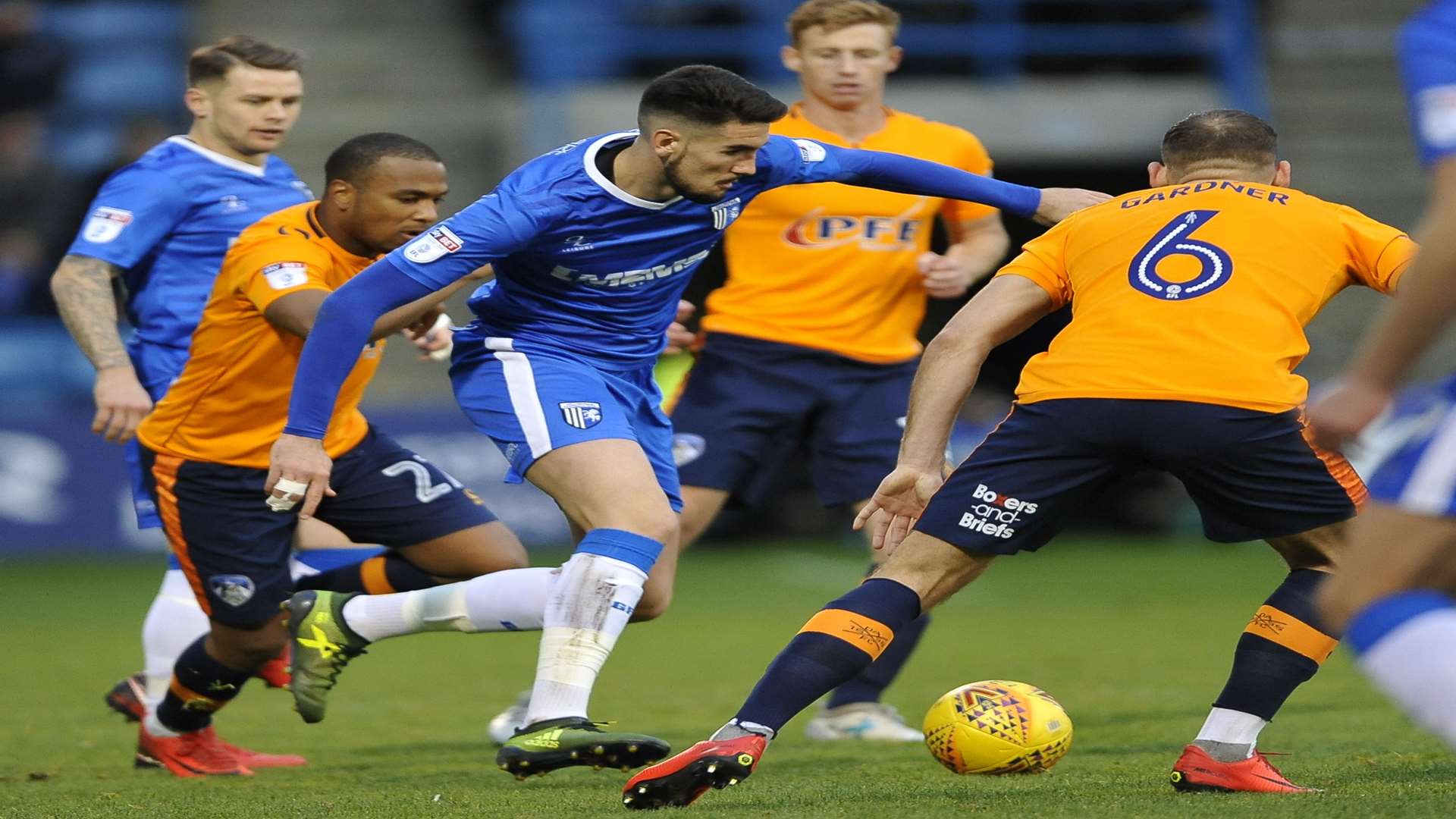 Conor Wilkinson takes on Dan Gardner Picture: Ady Kerry