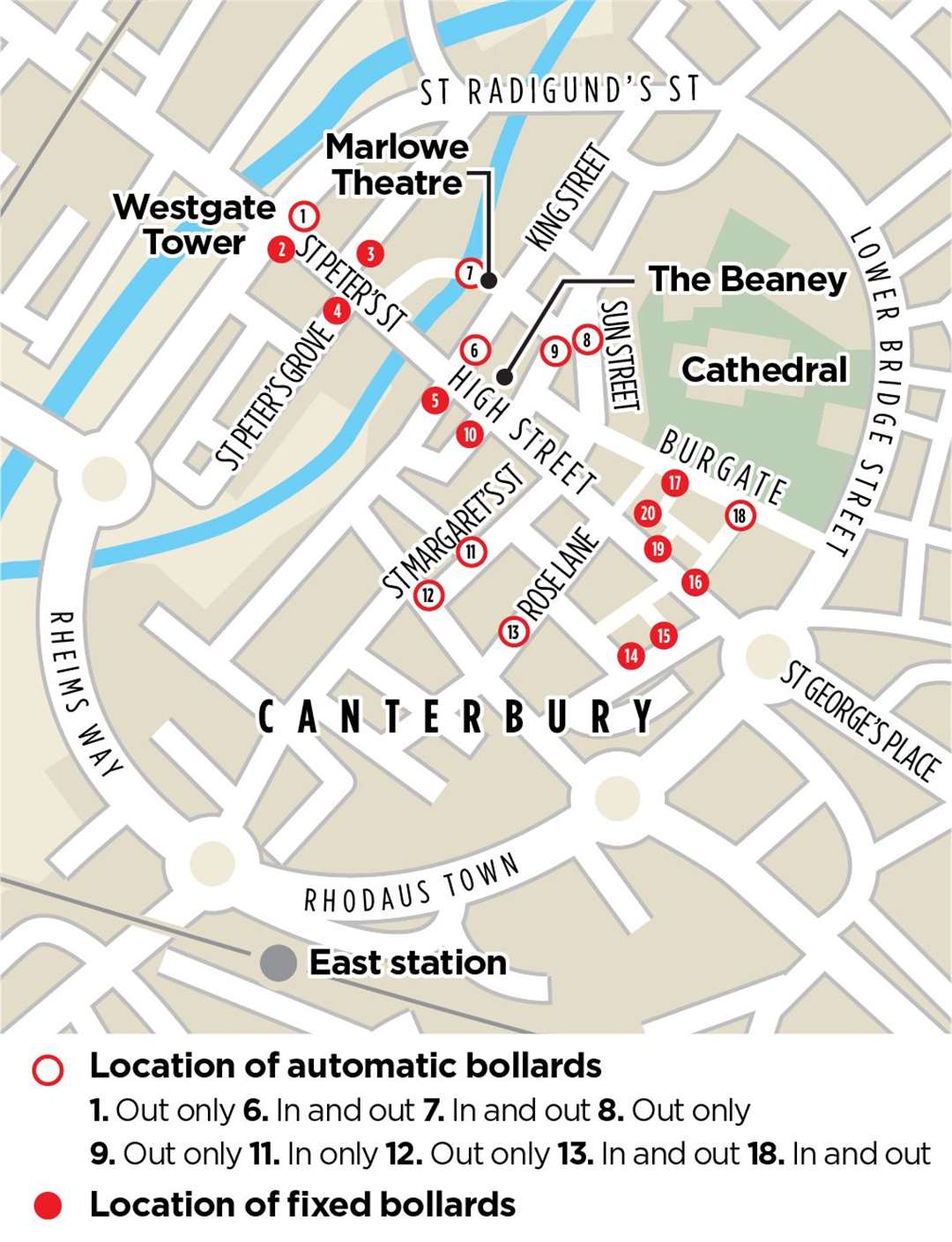 Where the bollards are dotted across the city centre