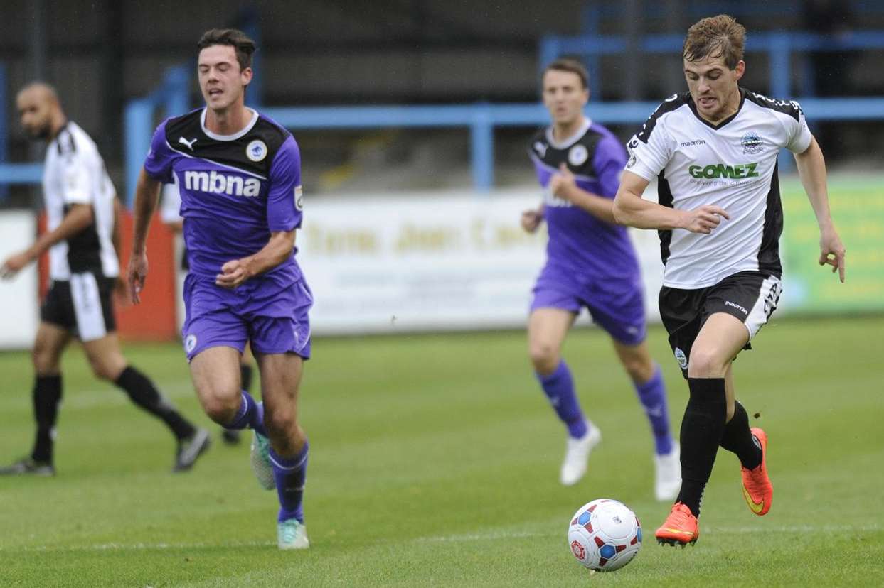 Tom Murphy (right) goes on the attack for Dover in the Vanarama Conference clash with Chester at Crabble on Saturday. Picture: Tony Flashman