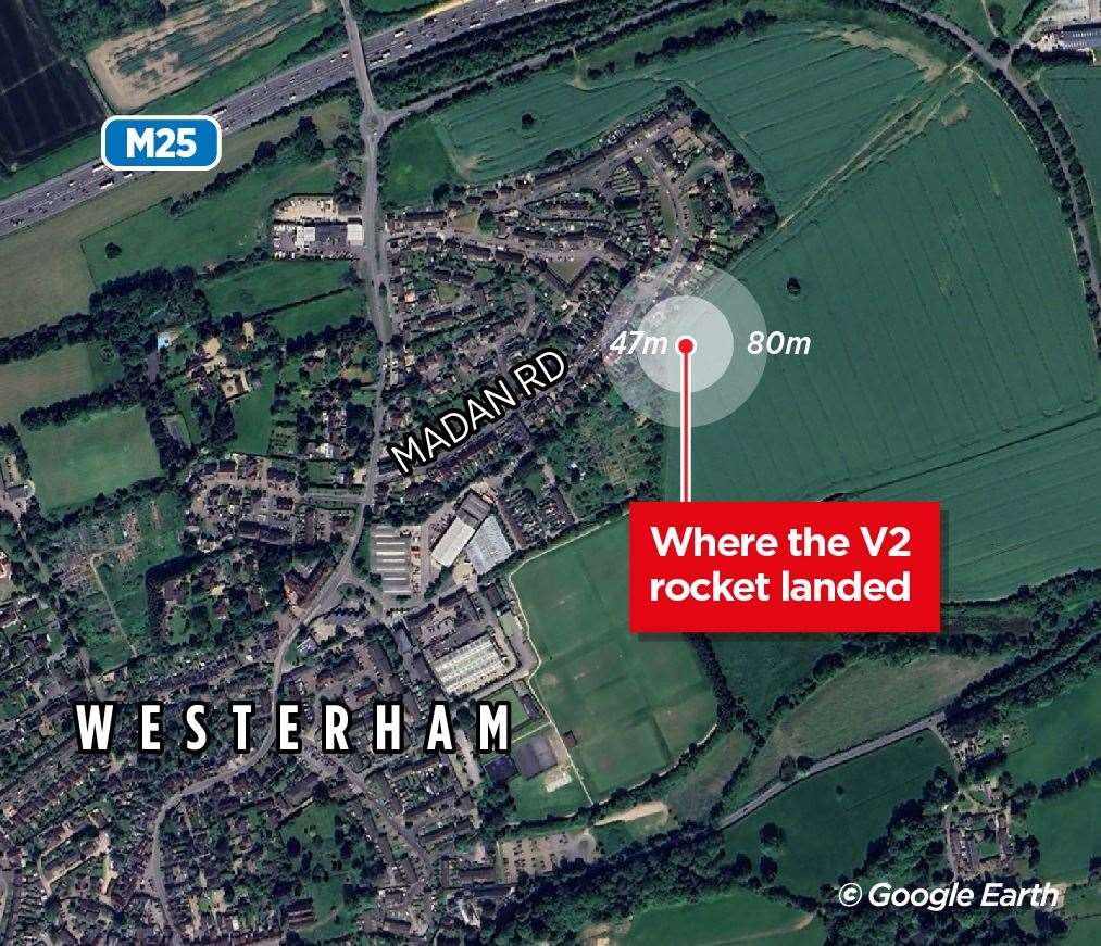 The V2 rocket impact and blast radius at Westerham