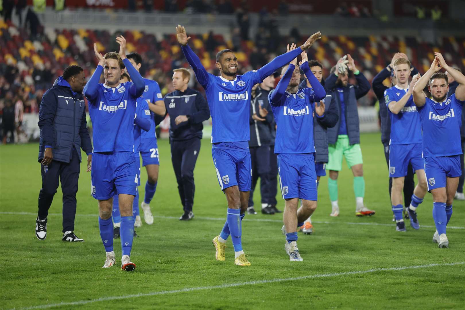 Gillingham celebrate their win at Premier League Brentford Picture: KPI