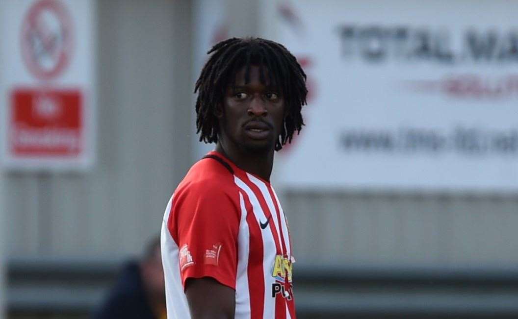 Folkestone's Andre Coker netted the first goal in their 3-2 midweek home derby loss to Chatham. Picture: Steve Terrell