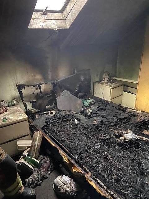 The burnt out bedroom at the property in Byron Road, Gillingham