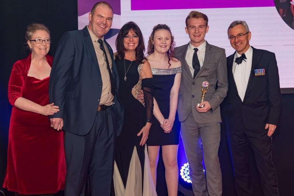 (L/R): Mum Cheryl Taylor, dad Dave Taylor, special guest Vicki Michelle from 'Allo 'Allo!, Katie Taylor, 14, George Taylor, 17, and Dr Robin Cordell, a Soldiering On trustee