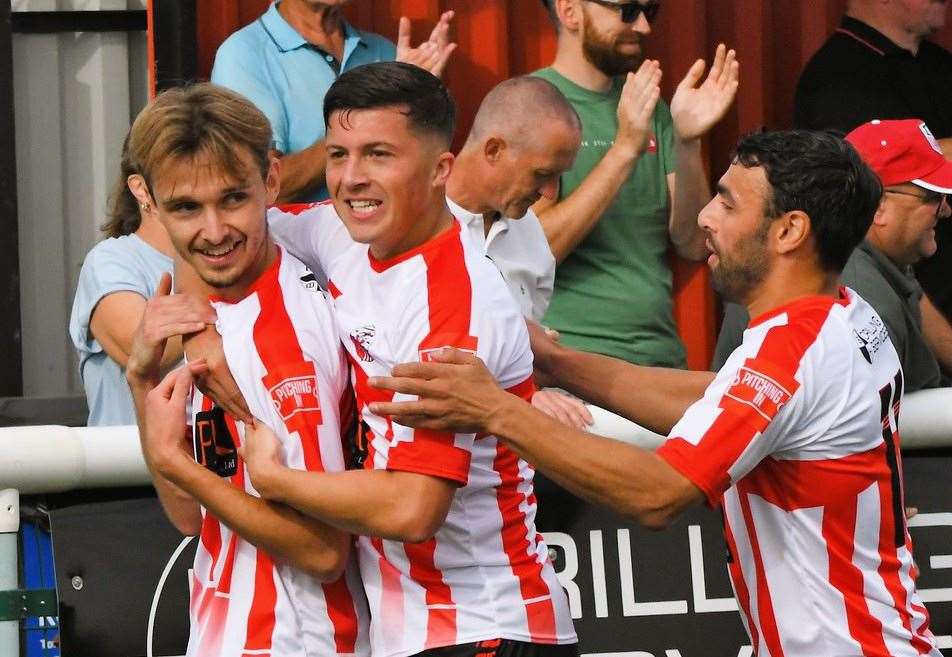 Frankie Morgan celebrating a Sheppey goal with Jacob Lambert and James Bessey-Saldanha. Picture: Marc Richards