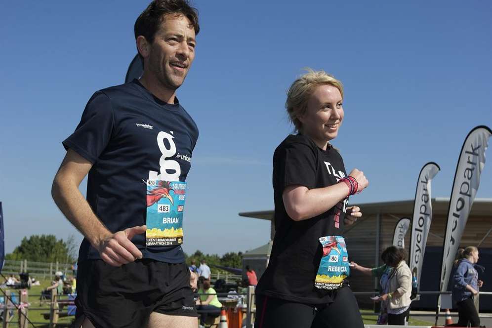 Rebecca Beard running her 6th marathon of the year with Brian Weatherley at Kent Roadrunner Marathon, at Gravesend Cyclopark.