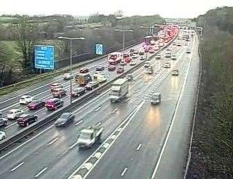 Six-mile queues at the Dartford Crossing saw traffic tailing back to the Swanley junction at J3 of the M25. Picture: Traffic England