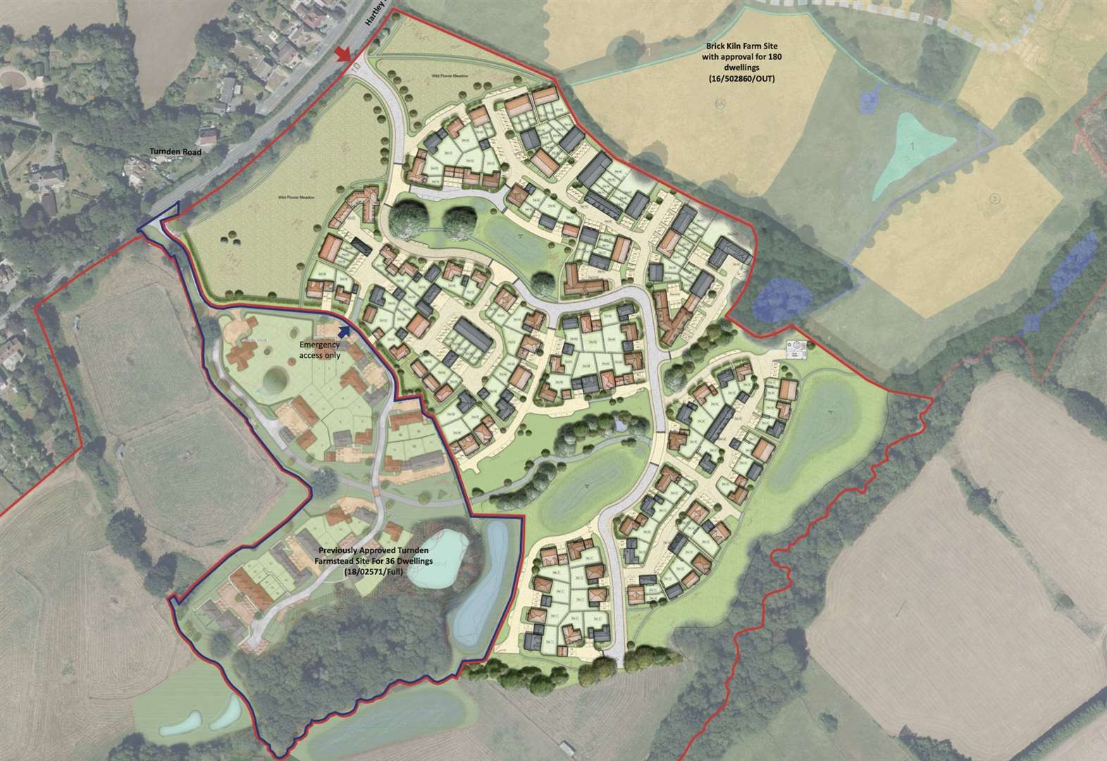 The map shows the small bit of land with houses agreed so far, but the red line is the new site of the 168