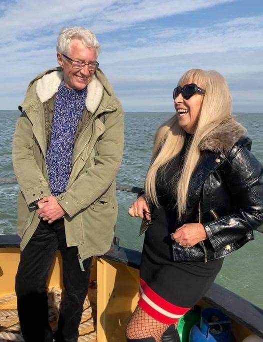 Entertainer Paul O'Grady heading out from Sheppey with Margaret Flo McEwan to record an ITV programme about the Second World War Maunsell sea forts