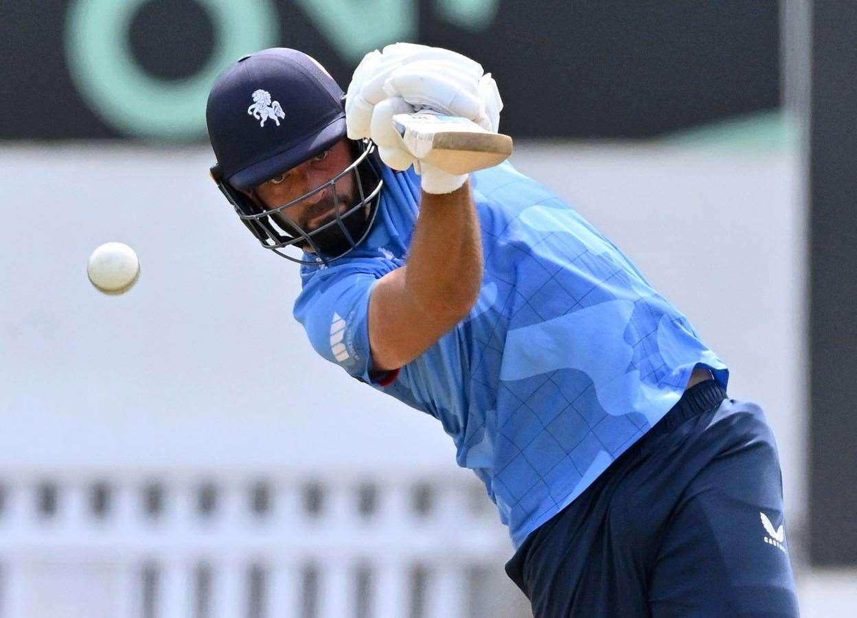 Jack Leaning – struck an unbeaten 127-ball 137 and got among the wickets in Kent Spitfires’ success on Sunday at Canterbury, claiming 2-32, including two wickets in two balls. Picture: Keith Gillard