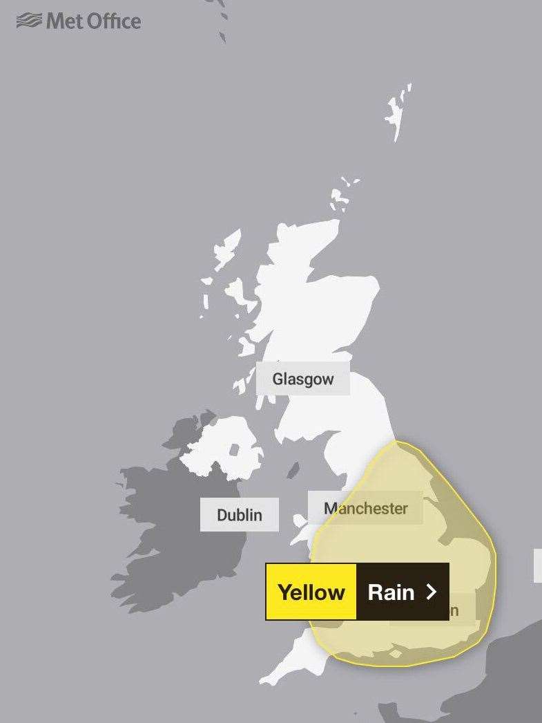 A yellow warning for rain has been issued for Monday across the whole of Kent. Picture: Met Office