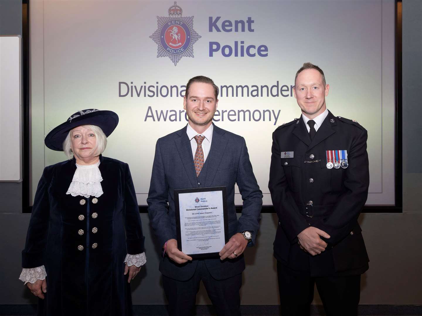 Kent High Sheriff Dr Gillian Fargher, DS Adam Ferguson and Chief Superintendent Neil Loudon. Picture: Kent Police