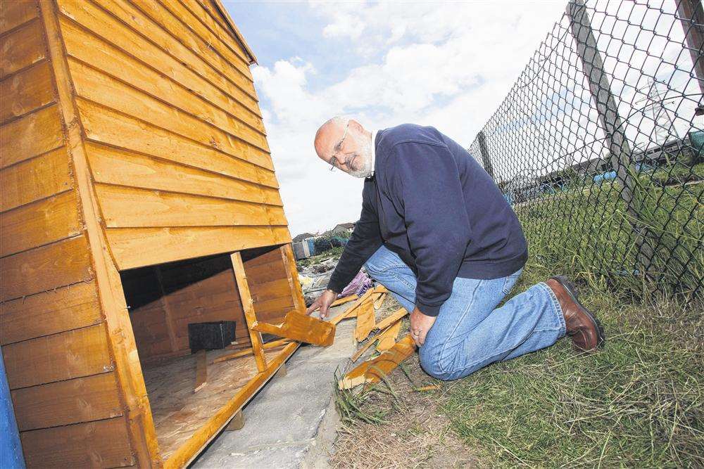 Dave Hale, Chairman of the Sheppey Horticultural Society showing the damaged shed