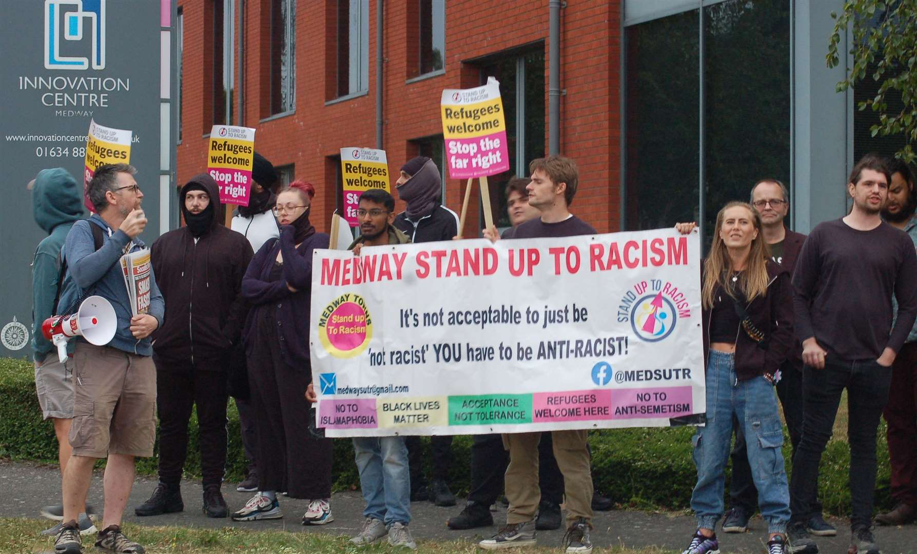 Protesters from Medway Stand Up to Racism outside Immigration Status UK at the Innovation Centre in Chatham. Picture: Dean Volante