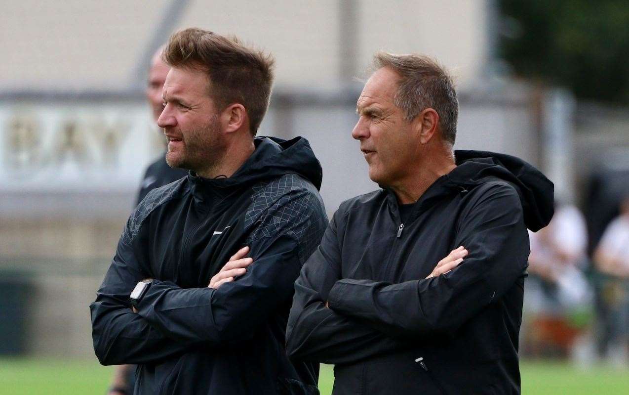 Herne Bay boss Steve Lovell and his son-assistant Mark Lovell will be able to call upon top scorer Michael Salako again for their 2024/25 promotion push. Picture: James Aylward