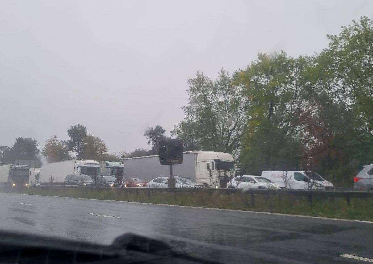 Traffic queuing at Junction 9 London-bound on the M20 this morning