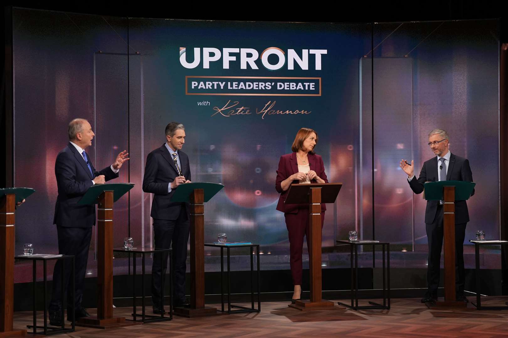 (left to right) Tanaiste and leader of Fianna Fail, Micheal Martin, Taoiseach and leader of Fine Gael, Simon Harris, RTE Presenter Katie Hannon and Roderic O’Gorman leader of the Green Party during the General Election leaders’ debate at RTE studios in Montrose, Dublin. RTE’s Upfront with Katie Hannon is hosting Ireland’s largest ever leaders’ General Election debate, with 10 political party leaders invited to debate live in the studio. Picture date: Monday November 18, 2024.