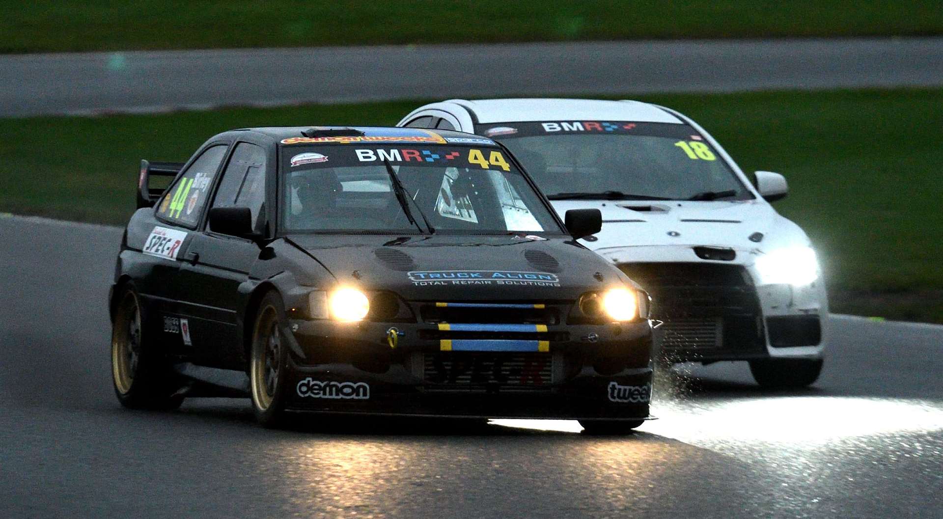 Birley has now scored 374 wins with his trusty Ford Escort WRC. He's pictured leading Nick Sutton in his Mitsubishi Lancer Evo 10 in Sunday's second Super Saloons race