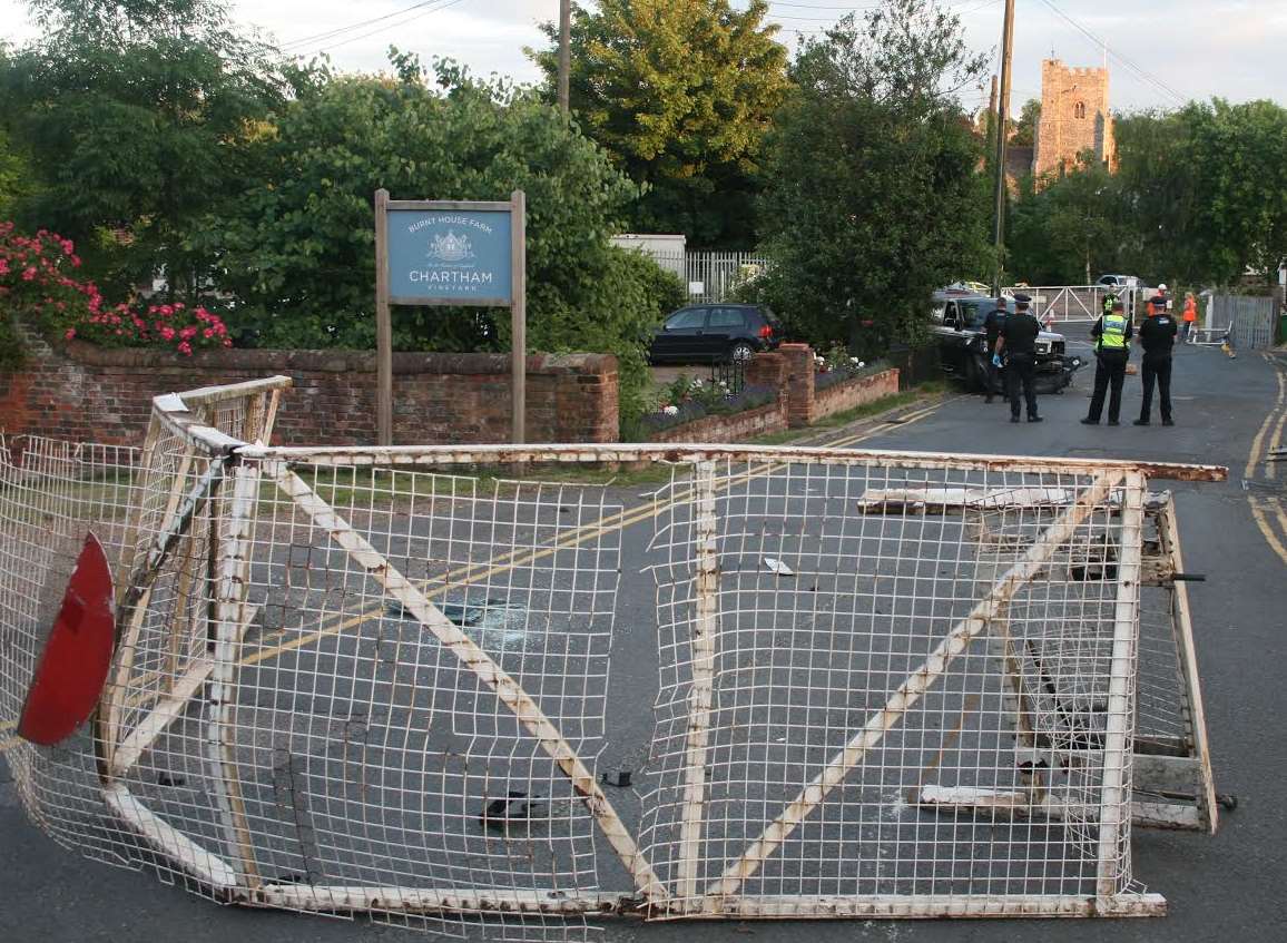 The level crossing gates at Chartham were destroyed by a 4x4 which ploughed through them.