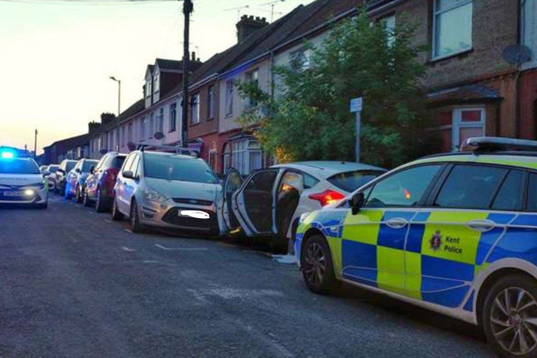 A Ford Focus crashed into parked cars in Strover Street, Gillingham, after a police chase through Rochester and Chatham. Picture: Graham Long