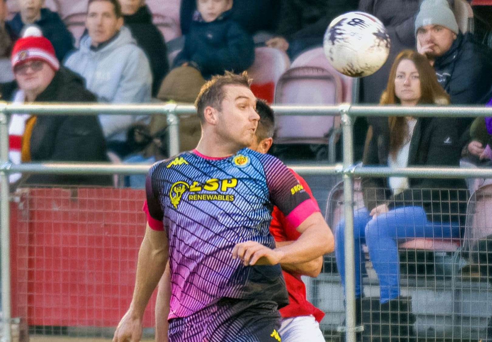 Michael Cheek wins a header for Bromley at Ebbsfleet on Boxing Day. Picture: Ed Miller/EUFC