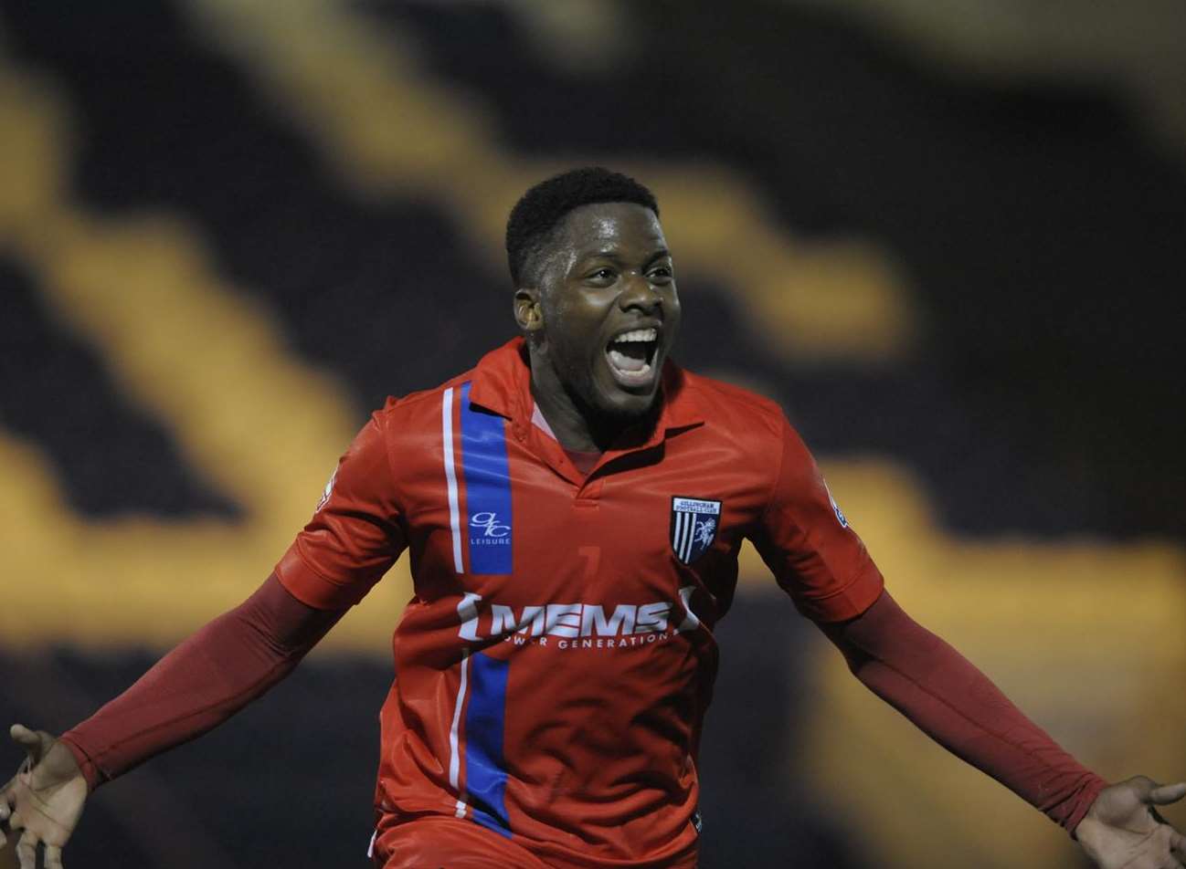 Gillingham striker Antonio German celebrates scoring against Colchester Picture: Barry Goodwin