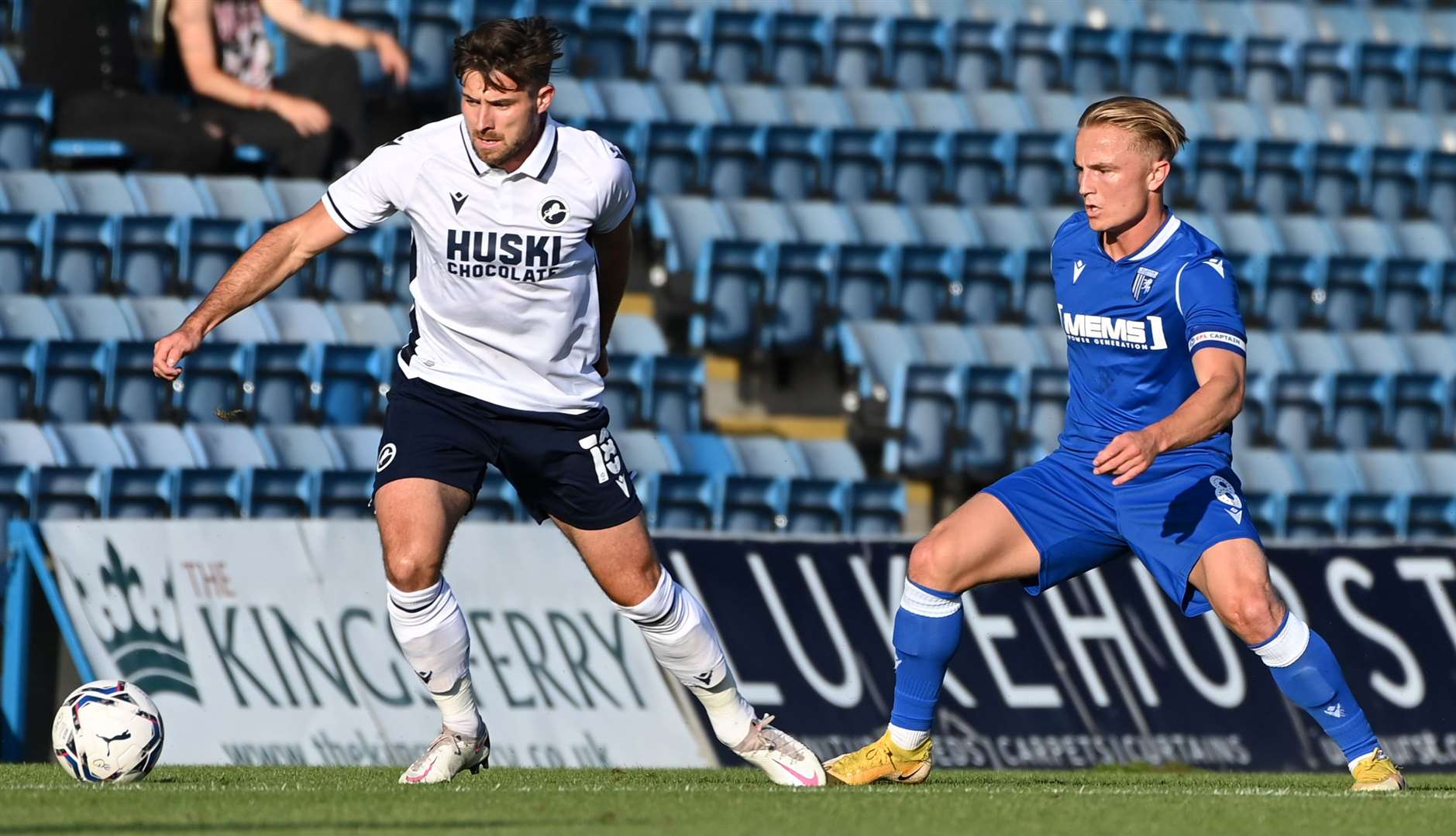 Gillingham captain Kyle Dempsey closes down against Millwall. Picture: Barry Goodwin (49649934)