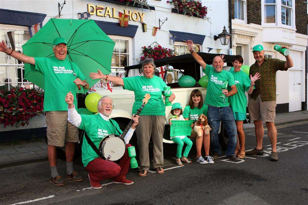 Preparing for the Macmillan Cancer fundraiser at the Deal Hoy: Terry Bishop, musician Mac McKean, Georgina Bishop, Hannah, Olivia, Martin and Julie Dodge and Deal Hoy Landlord Ian Goodban