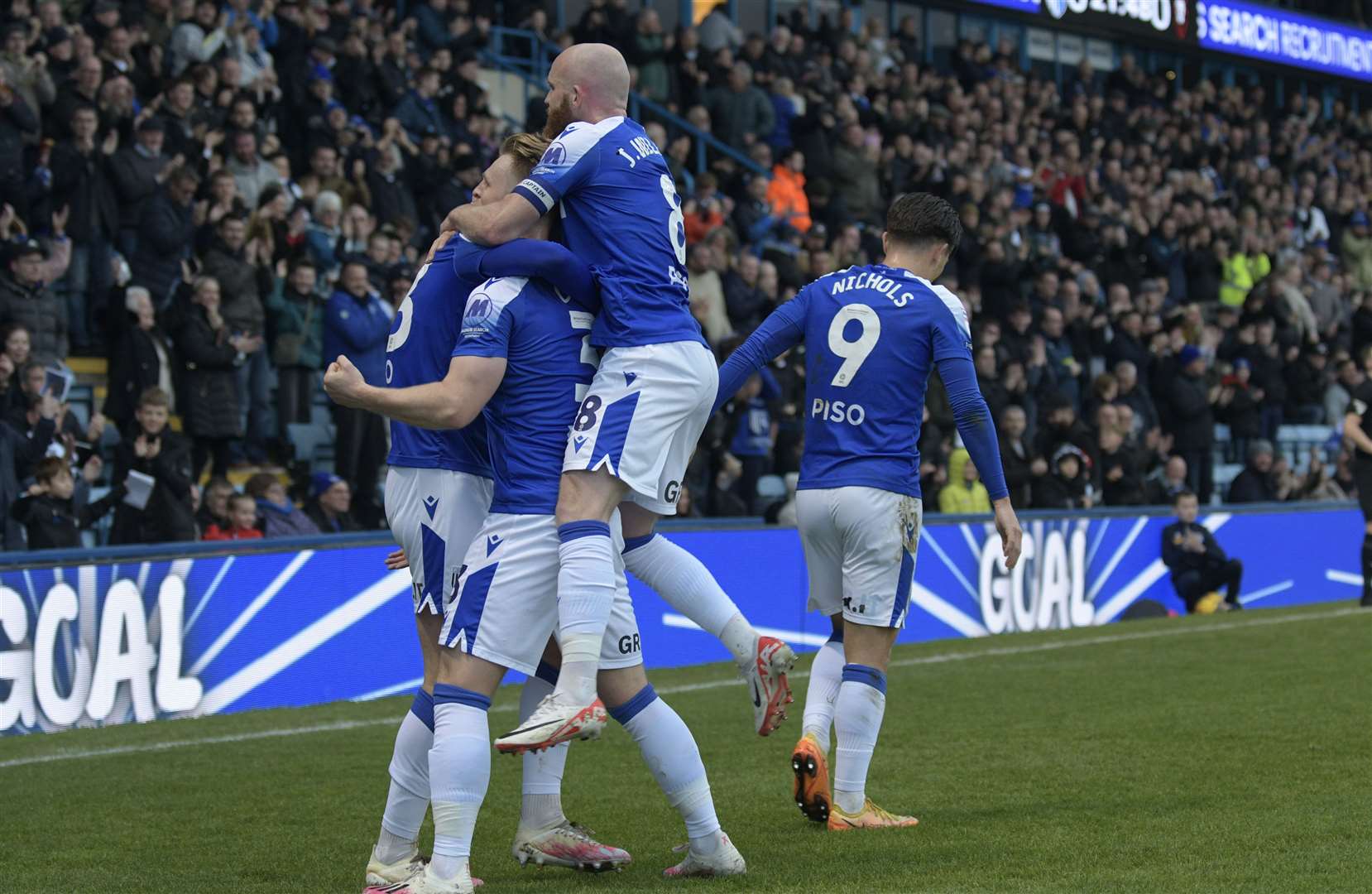 Gillingham players celebrate a first-half goal against Salford City in mid-November .Picture: Barry Goodwin