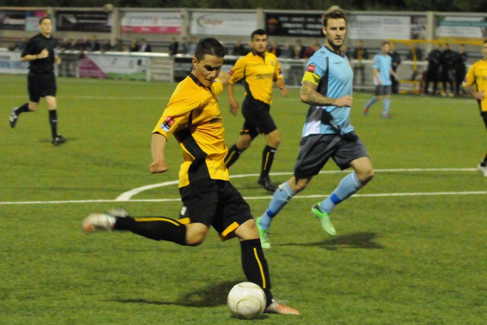 Fabio Saraiva scores for Maidstone against Thamesmead (Pic: Steve Terrell)