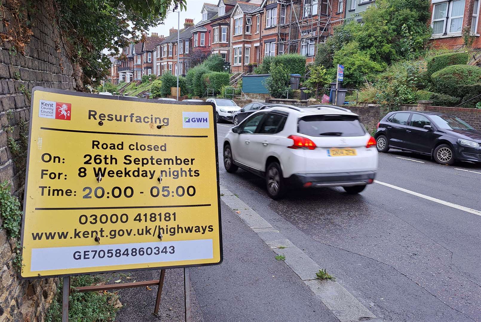 A sign warning of the roadworks in Folkestone Road, Dover