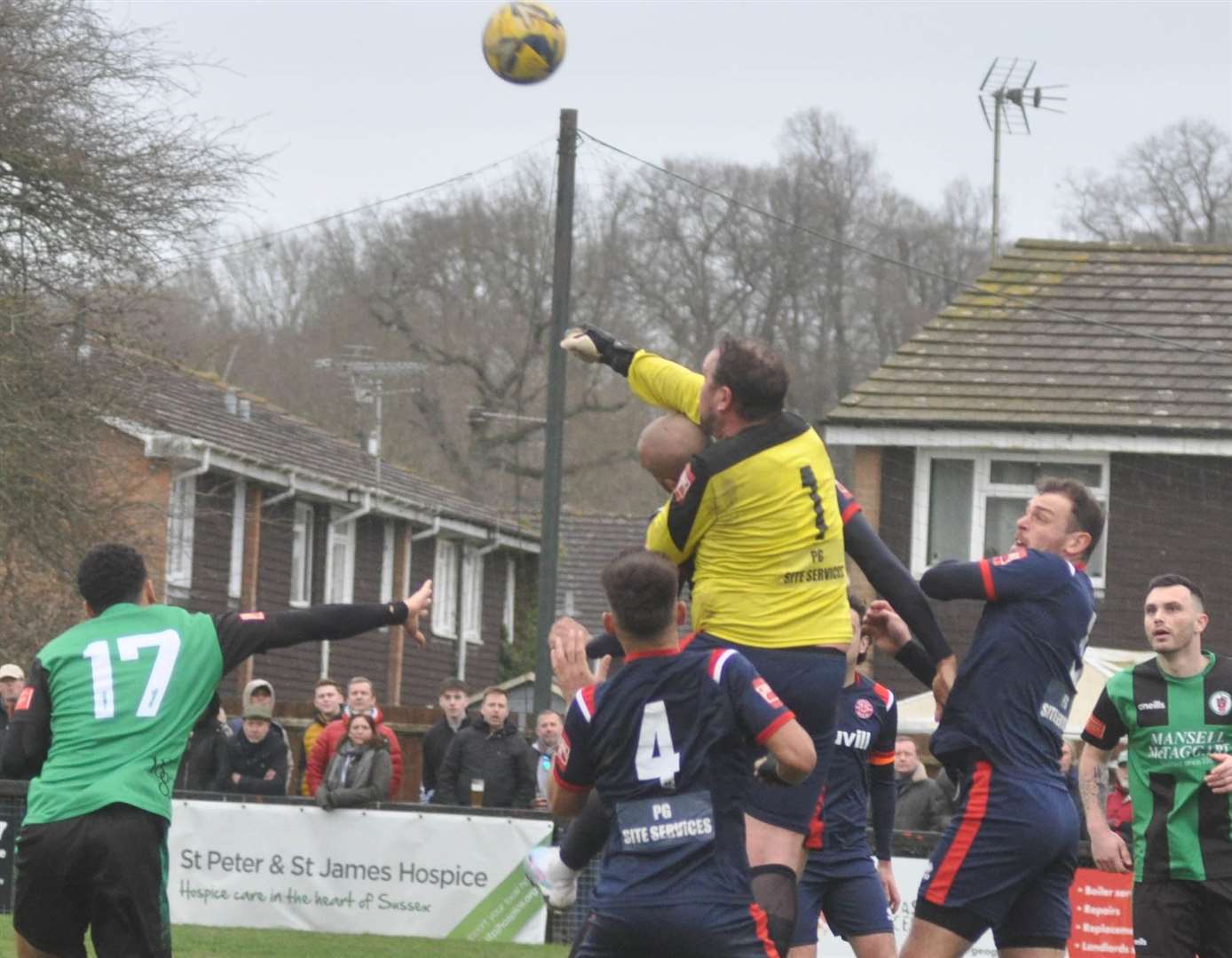 Substitute keeper Danny Kedwell punches clear for Chatham. Picture: Phillip Dennett