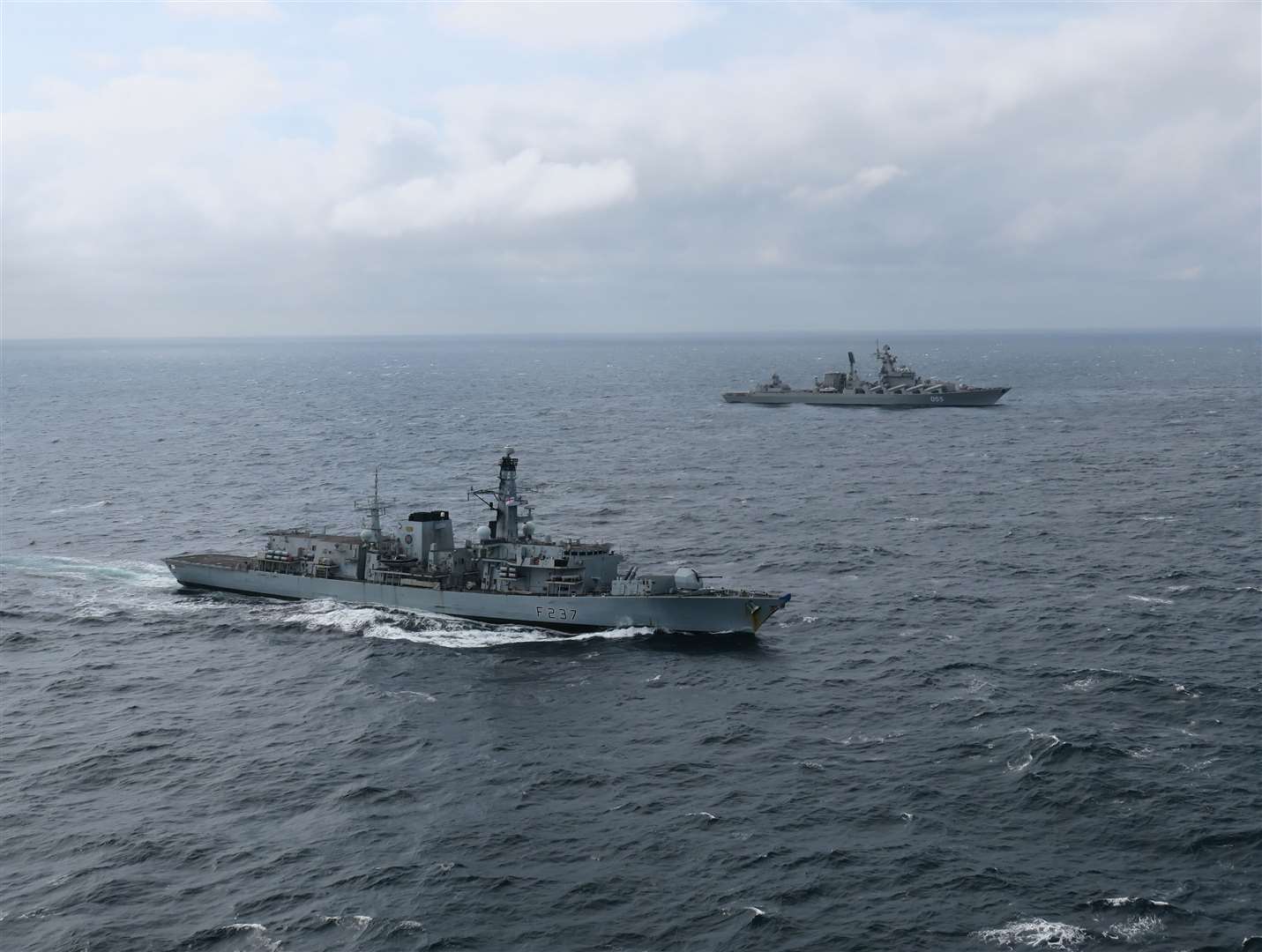 HMS Westminster Westminster watching Russian cruiser Marshal Ustinov. Picture: Royal Navy/Sam Bannister