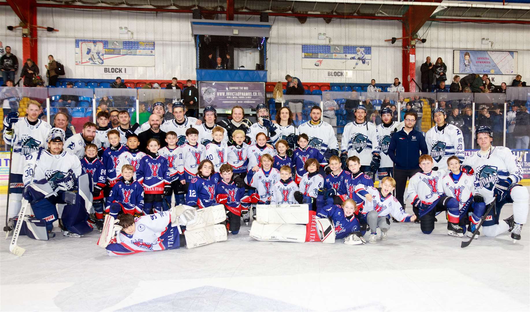 Invicta Dynamos line up alongside the club’s young players at Planet Ice, Gillingham Picture: David Trevallion