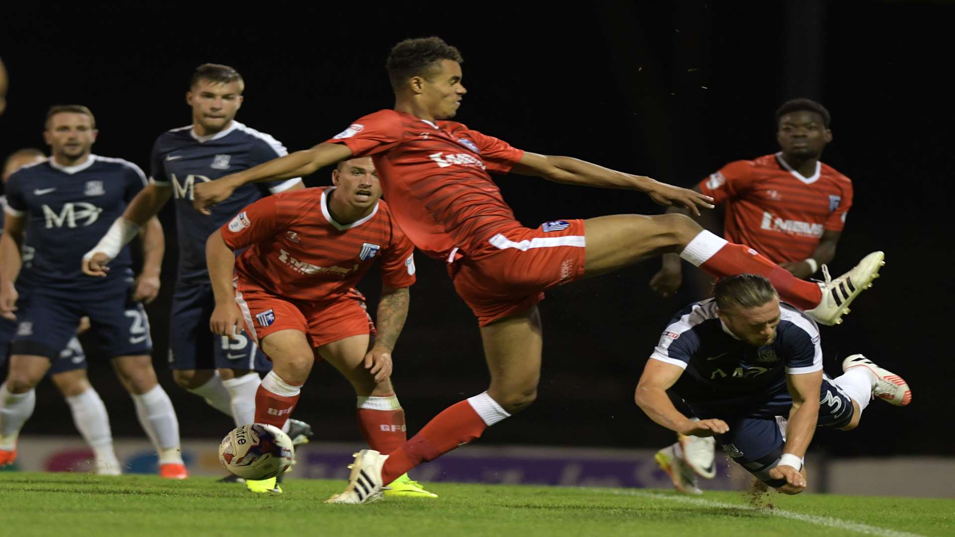 Josh Pask fails to connect with the ball during this goalmouth scramble. Picture: Barry Goodwin