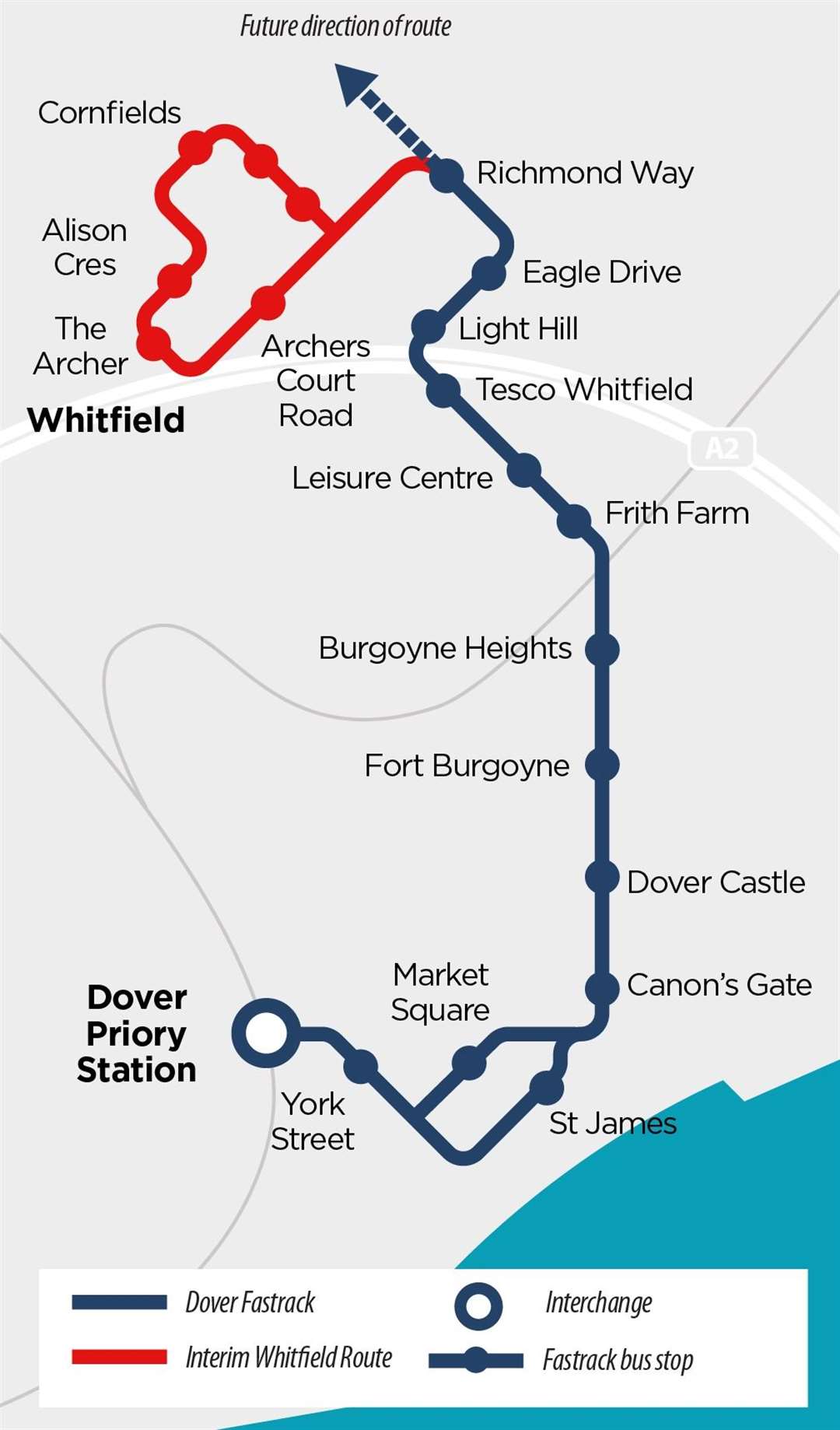 A map showing where the Dover Fastrack route is set to run