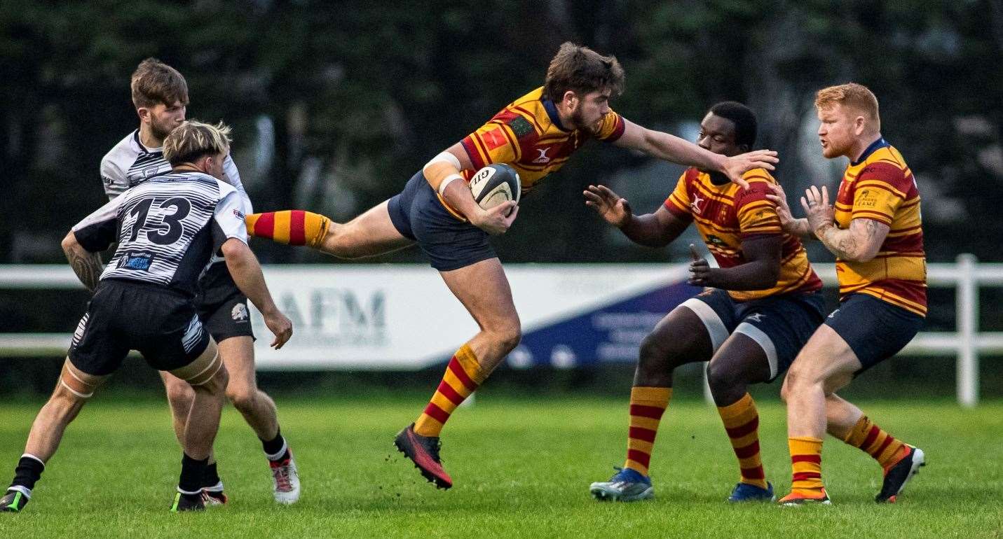 Medway’s Max Bullock struggles to keep his balance against Thurrock. Picture: Jake Miles Sports Photography