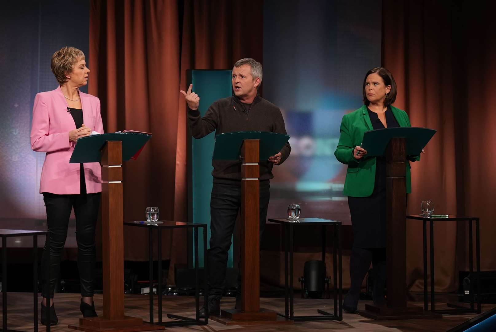 (left to right) Leader of the Labour Party, Ivana Bacik, Leader of People Before Profit Solidarity, Richard Boyd Barrett and Sinn Fein President Mary Lou McDonald, during the General Election leaders’ debate at RTE studios in Montrose, Dublin. RTE’s Upfront with Katie Hannon is hosting Ireland’s largest ever leaders’ General Election debate, with 10 political party leaders invited to debate live in the studio. Picture date: Monday November 18, 2024.