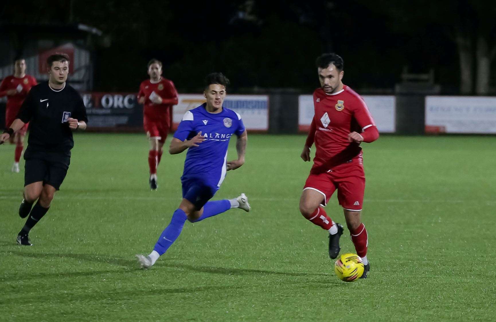 George Sheminant moves forward shadowed by Sammi Takaloo in the Southern Counties East League clash Picture: Les Biggs