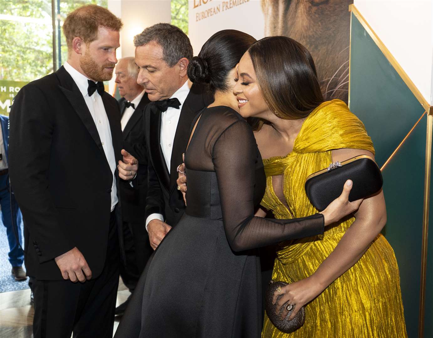 The Duchess of Sussex embracing Beyonce at the European premiere of Disney’s The Lion King (Niklas Halle’m/PA)