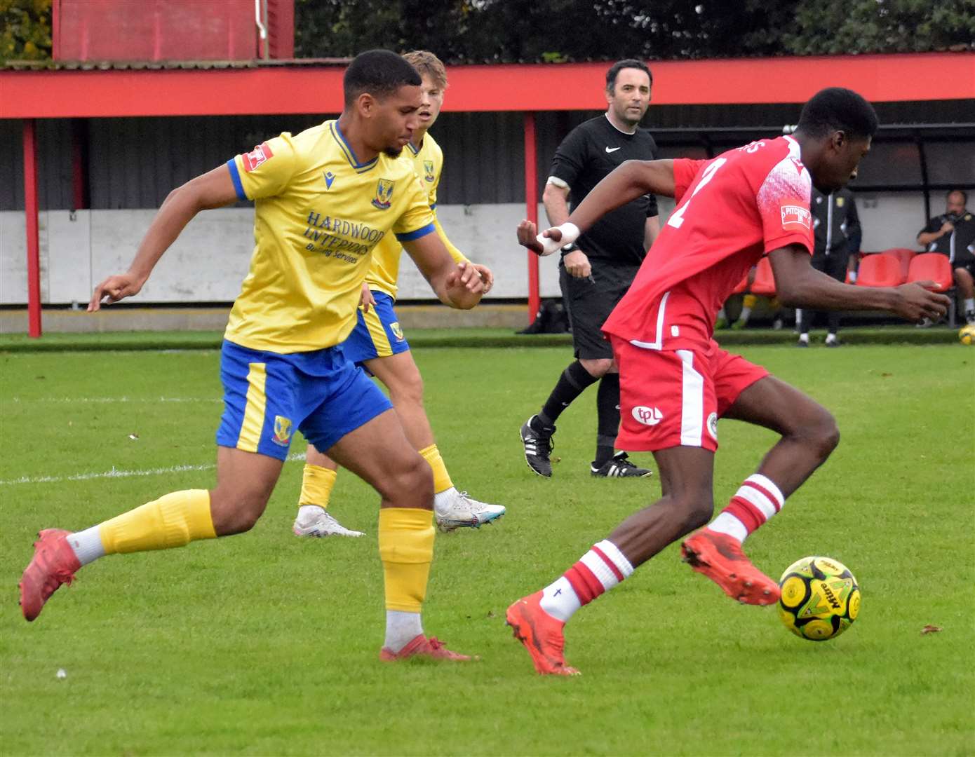 Action from Hythe’s 3-0 win over Lancing on Saturday. Picture: Randolph File