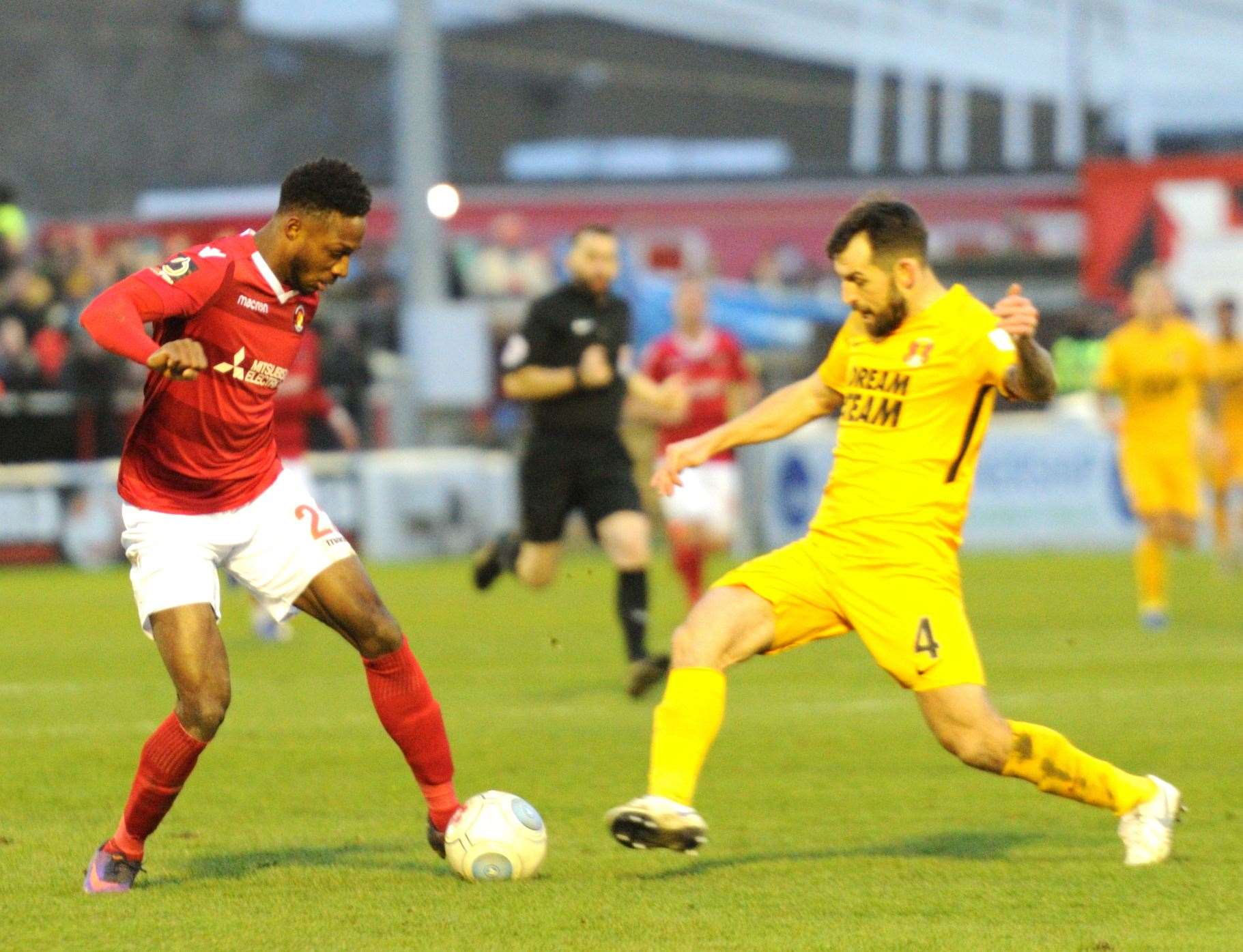 Alex Lawless challenges Bagasan Graham during Ebbsfleet's win over Leyton Orient last season Picture: Simon Hildrew