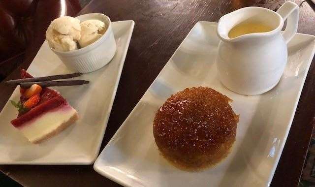 Well, it would have been rude not to! She selected a white chocolate and raspberry cheesecake and I went for a syrup sponge with custard, served separately in a jug.