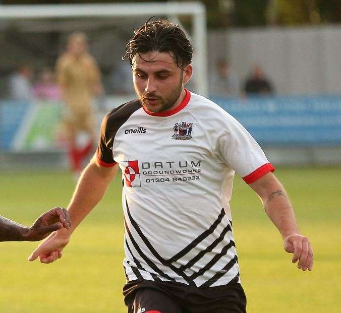 Deal defender Jack Penny - scored direct from a corner in last Tuesday’s 2-0 victory against Hythe in the Velocity Cup. Picture: Les Biggs