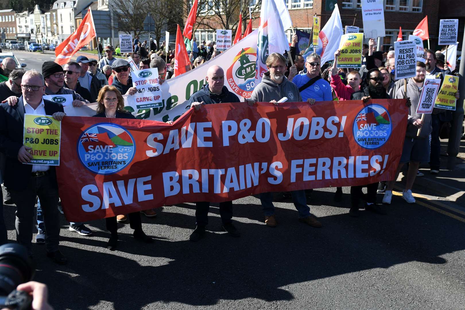 There were chants of "seize the ships" as the group marched down the A20 towards the port earlier, led by union bosses and Dover and Deal MP Natalie Elphicke..Trade union members march in support of the 800 sacked P&O ferry workers, from Maritime House in Dover to the entrance to the Port of Dover..Picture: Barry Goodwin. (55546725)
