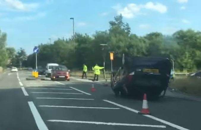 One car was flipped over in Lower Rochester Road